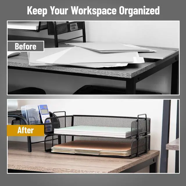Alt view image 5 of 7 - Stackable Paper Tray, Desktop Organizer, File Storage, Office, Metal Mesh, 2 Pcs., Black