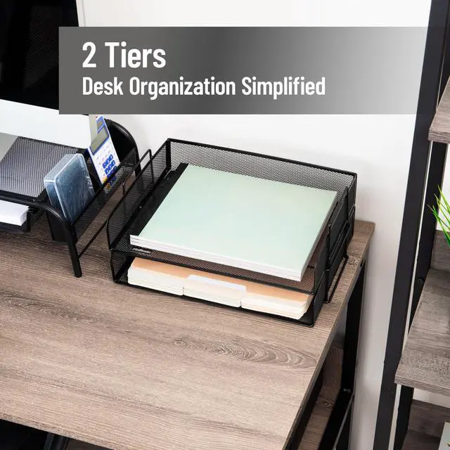 Alt view image 2 of 7 - Stackable Paper Tray, Desktop Organizer, File Storage, Office, Metal Mesh, 2 Pcs., Black