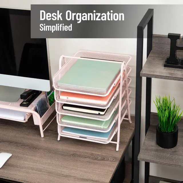 Alt view image 2 of 7 - 5-Tier Paper Tray Organizer, Vertical Desktop File Storage Rack, Office, Metal Mesh, Pink