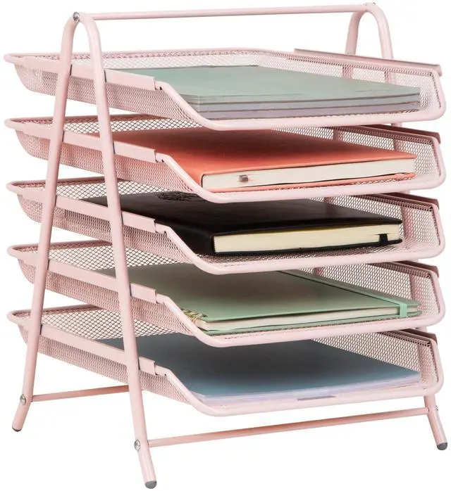 Main image of 5-Tier Paper Tray Organizer, Vertical Desktop File Storage Rack, Office, Metal Mesh, Pink