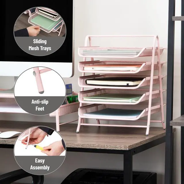 Alt view image 4 of 7 - 5-Tier Paper Tray Organizer, Vertical Desktop File Storage Rack, Office, Metal Mesh, Pink