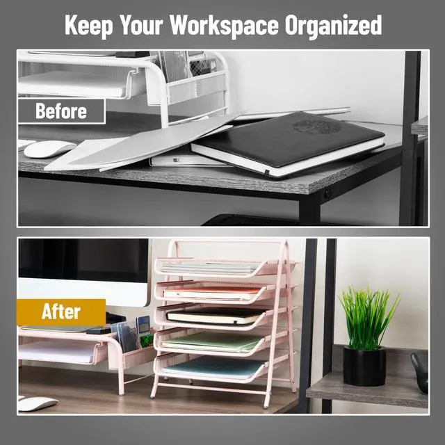 Alt view image 5 of 7 - 5-Tier Paper Tray Organizer, Vertical Desktop File Storage Rack, Office, Metal Mesh, Pink