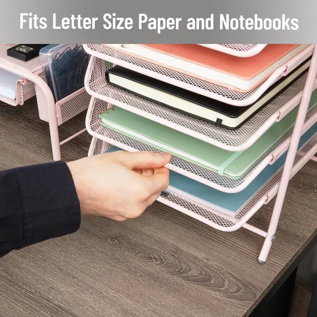 Alt view image 6 of 7 - 5-Tier Paper Tray Organizer, Vertical Desktop File Storage Rack, Office, Metal Mesh, Pink
