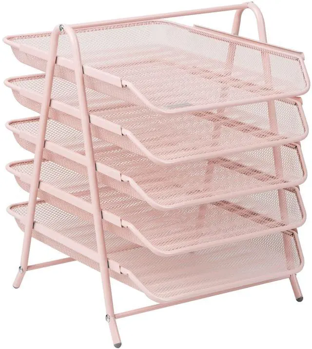 Alt view image 7 of 7 - 5-Tier Paper Tray Organizer, Vertical Desktop File Storage Rack, Office, Metal Mesh, Pink