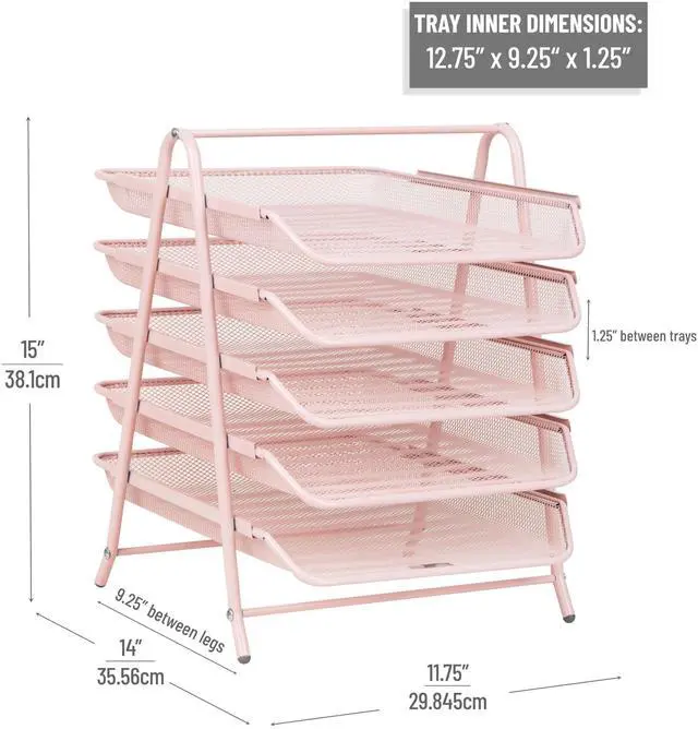 Alt view image 3 of 7 - 5-Tier Paper Tray Organizer, Vertical Desktop File Storage Rack, Office, Metal Mesh, Pink
