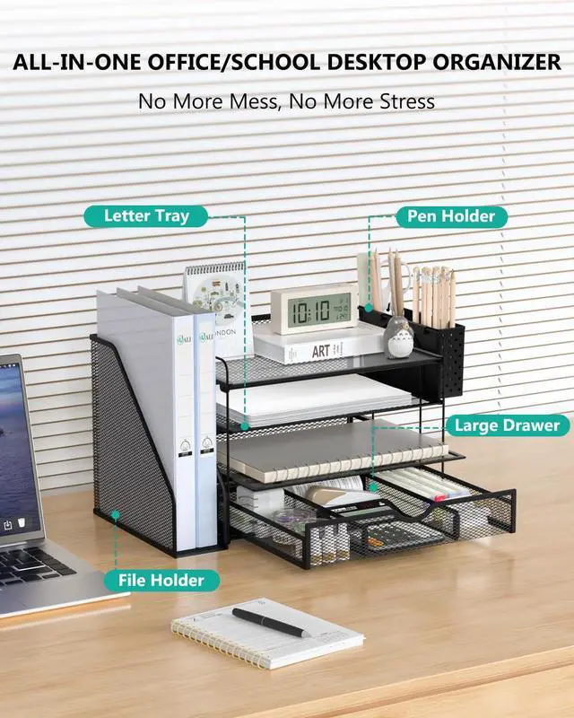 Alt view image 2 of 7 - Desk File Organizer, 4 Tier Desktop Paper Letter Tray Organizer with Drawer and 2 Pen Holders, Office Desk Accessories & Workspace Organizers for Office, Home Supplies(DO005DH-2B), 2 Packs, Black