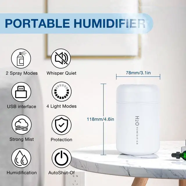 Alt view image 2 of 7 - Portable Mini Humidifier, 300ml USB Cool Mist Small Humidifier with Colorful Lights. Perfect for Bedroom, Office, Plants, travel & Car (White)