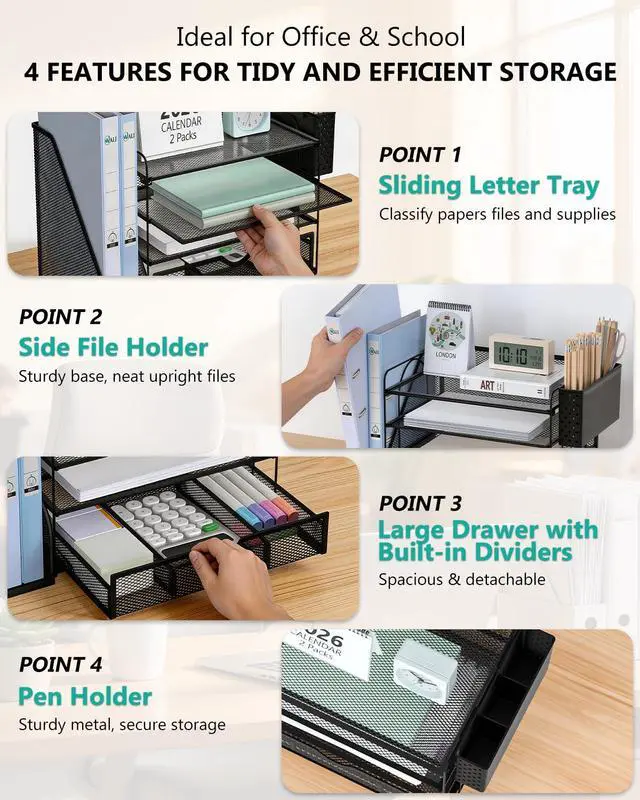 Alt view image 4 of 7 - Desk File Organizer, 4 Tier Desktop Paper Letter Tray Organizer with Drawer and 2 Pen Holders, Office Desk Accessories & Workspace Organizers for Office, Home Supplies(DO005DH-2B), 2 Packs, Black