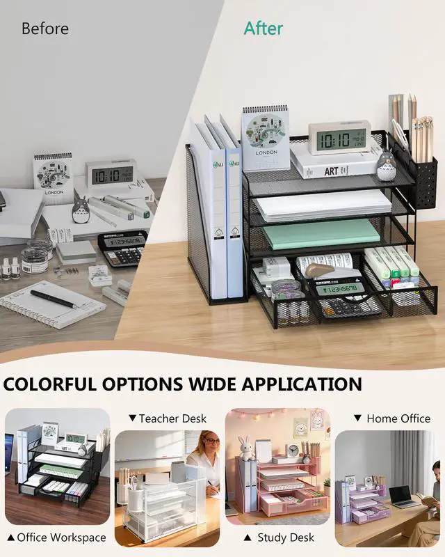 Alt view image 6 of 7 - Desk File Organizer, 4 Tier Desktop Paper Letter Tray Organizer with Drawer and 2 Pen Holders, Office Desk Accessories & Workspace Organizers for Office, Home Supplies(DO005DH-2B), 2 Packs, Black