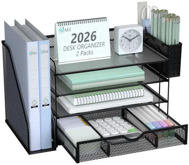 Main image of Desk File Organizer, 4 Tier Desktop Paper Letter Tray Organizer with Drawer and 2 Pen Holders, Office Desk Accessories & Workspace Organizers for Office, Home Supplies(DO005DH-2B), 2 Packs, Black