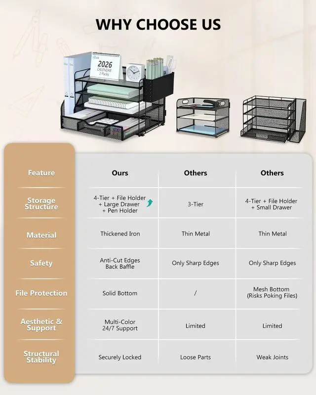Alt view image 7 of 7 - Desk File Organizer, 4 Tier Desktop Paper Letter Tray Organizer with Drawer and 2 Pen Holders, Office Desk Accessories & Workspace Organizers for Office, Home Supplies(DO005DH-2B), 2 Packs, Black
