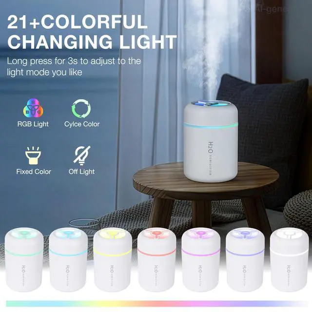 Alt view image 4 of 7 - Portable Mini Humidifier, 300ml USB Cool Mist Small Humidifier with Colorful Lights. Perfect for Bedroom, Office, Plants, travel & Car (White)