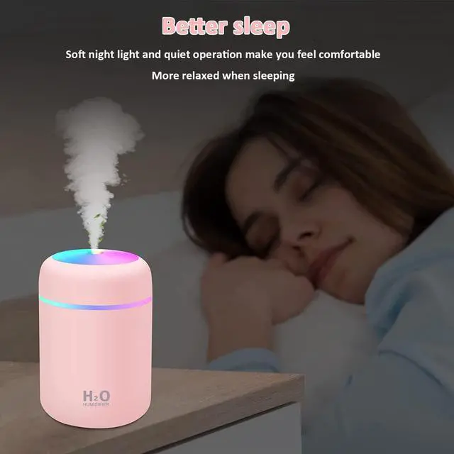Alt view image 6 of 7 - Mini Humidifier,300ml Small Cool Mist Humidifier with 7-Color LED Night Light,USB Personal Desktop Humidifier,2 Adjustable Mist Modes,Auto Shut-Off,Ultra Quiet,for Car,Office,Bedroom (Pink)