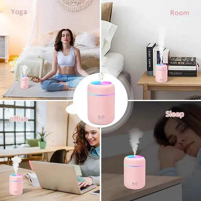Alt view image 7 of 7 - Mini Humidifier,300ml Small Cool Mist Humidifier with 7-Color LED Night Light,USB Personal Desktop Humidifier,2 Adjustable Mist Modes,Auto Shut-Off,Ultra Quiet,for Car,Office,Bedroom (Pink)