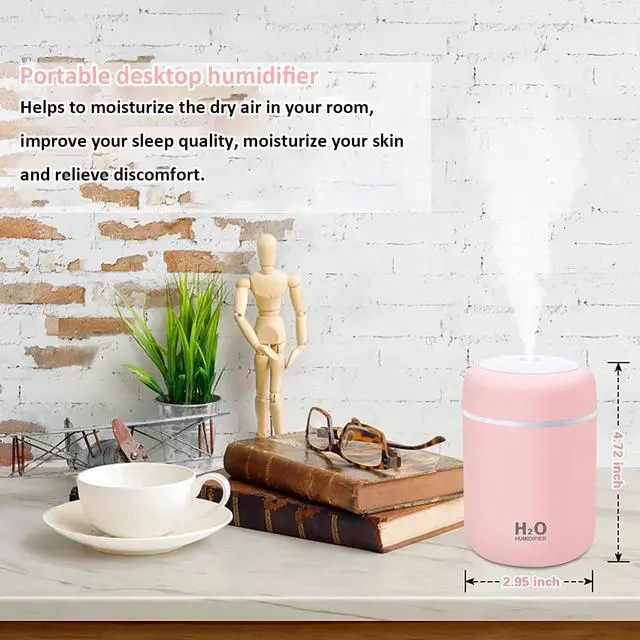 Alt view image 4 of 7 - Mini Humidifier,300ml Small Cool Mist Humidifier with 7-Color LED Night Light,USB Personal Desktop Humidifier,2 Adjustable Mist Modes,Auto Shut-Off,Ultra Quiet,for Car,Office,Bedroom (Pink)