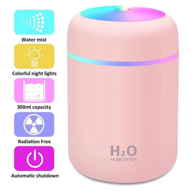 Alt view image 5 of 7 - Mini Humidifier,300ml Small Cool Mist Humidifier with 7-Color LED Night Light,USB Personal Desktop Humidifier,2 Adjustable Mist Modes,Auto Shut-Off,Ultra Quiet,for Car,Office,Bedroom (Pink)