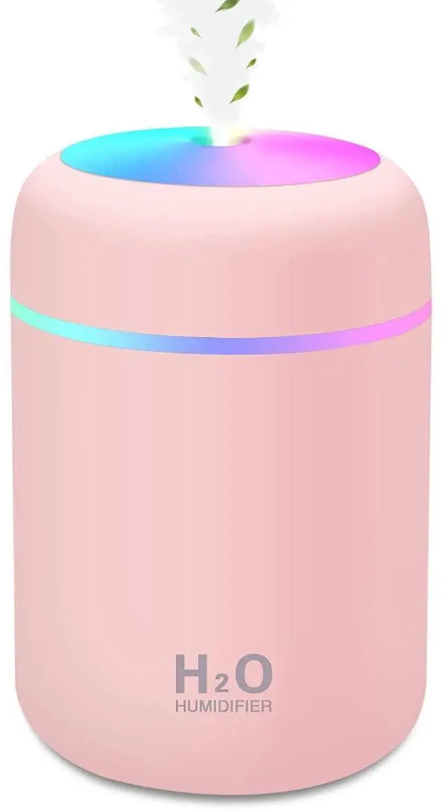 Main image of Mini Humidifier,300ml Small Cool Mist Humidifier with 7-Color LED Night Light,USB Personal Desktop Humidifier,2 Adjustable Mist Modes,Auto Shut-Off,Ultra Quiet,for Car,Office,Bedroom (Pink)