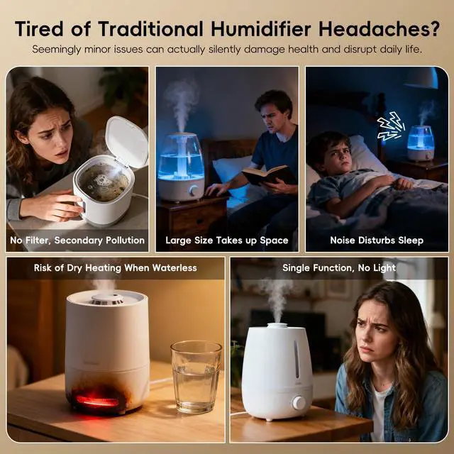 Alt view image 2 of 7 - Portable Small Humidifiers for Travel, Mini Air Ultrasonic Humidifier with Filter Element - Cool Mist, Whisper Quiet, Nightlight, 350ML Tank, Car Modes, Perfect for Baby, Bedroom, Hotel, Desk, Plants