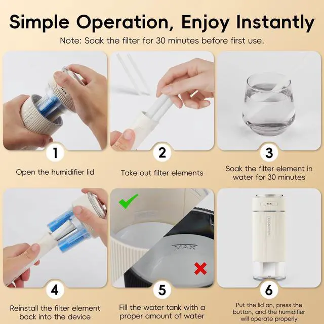Alt view image 4 of 7 - Portable Small Humidifiers for Travel, Mini Air Ultrasonic Humidifier with Filter Element - Cool Mist, Whisper Quiet, Nightlight, 350ML Tank, Car Modes, Perfect for Baby, Bedroom, Hotel, Desk, Plants
