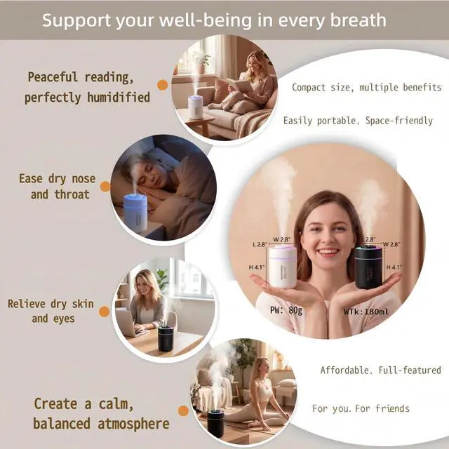 Alt view image 5 of 7 - Mini Humidifier - 7-Color LED Night Light, 2-in-1 Aroma Diffuser & Humidifier, USB Portable, 4H/8H Timer, Safe Auto Shut-Off, Ideal for Home Office Car Gift (white, 2.8 * 2.8 * 4.1)