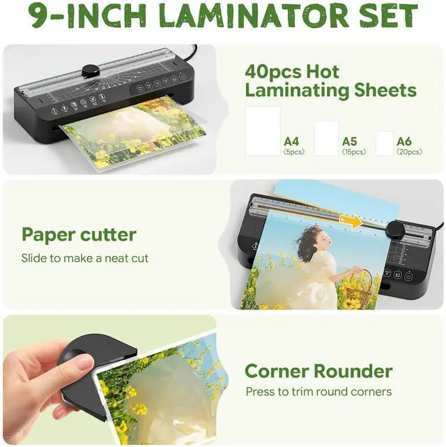 Alt view image 6 of 7 - 9-Inch Laminator Machine,A4 Cold & Thermal Laminator Machine,85-Second Quick Heat-Up,Thermal Lamination ABS Jam-Release,40 Pouches,Paper Cutter & Corner Rounder - Perfect for Teachers, Home & Office