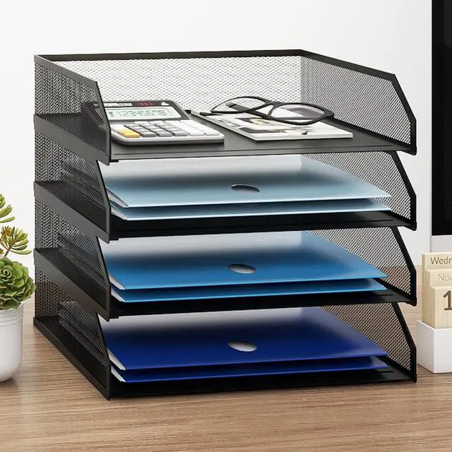 Main image of 4-Tier Stackable Paper Tray, Metal Mesh Desktop Organizer, A4 Paper Sorter, Letter Trays,File Folder Sorter Organizer with Sliding Tray for Home, Office, School (Black)
