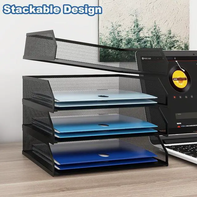 Alt view image 3 of 7 - 4-Tier Stackable Paper Tray, Metal Mesh Desktop Organizer, A4 Paper Sorter, Letter Trays,File Folder Sorter Organizer with Sliding Tray for Home, Office, School (Black)
