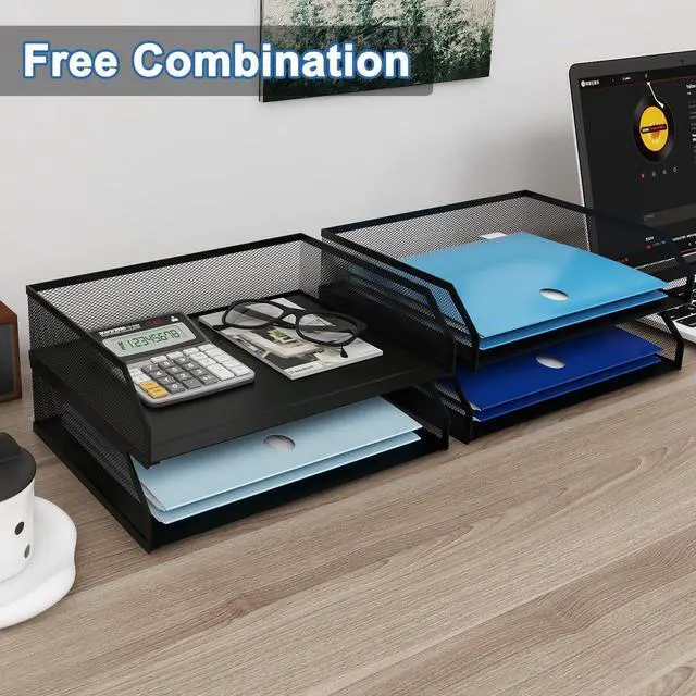 Alt view image 6 of 7 - 4-Tier Stackable Paper Tray, Metal Mesh Desktop Organizer, A4 Paper Sorter, Letter Trays,File Folder Sorter Organizer with Sliding Tray for Home, Office, School (Black)
