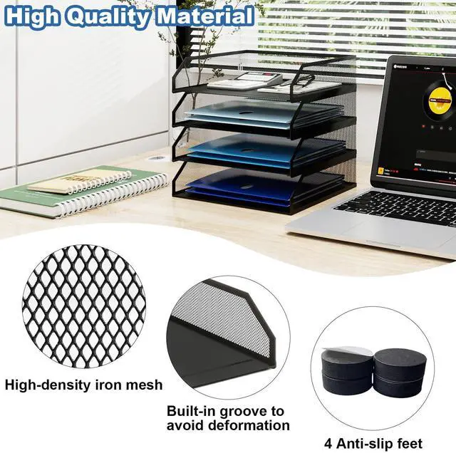 Alt view image 4 of 7 - 4-Tier Stackable Paper Tray, Metal Mesh Desktop Organizer, A4 Paper Sorter, Letter Trays,File Folder Sorter Organizer with Sliding Tray for Home, Office, School (Black)