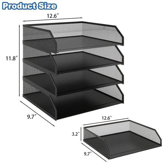 Alt view image 2 of 7 - 4-Tier Stackable Paper Tray, Metal Mesh Desktop Organizer, A4 Paper Sorter, Letter Trays,File Folder Sorter Organizer with Sliding Tray for Home, Office, School (Black)