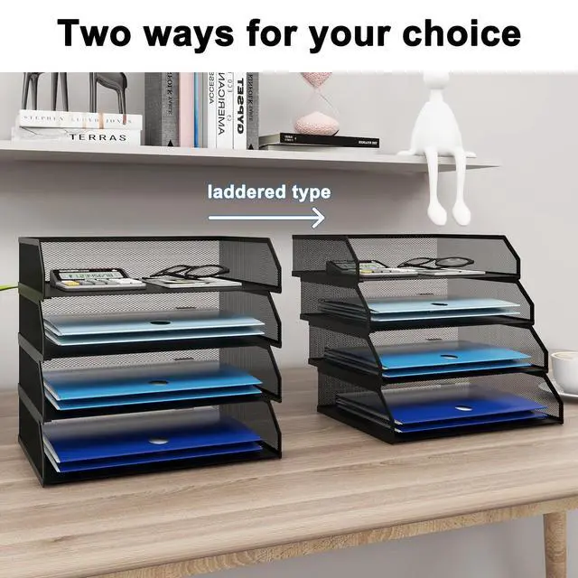 Alt view image 7 of 7 - 4-Tier Stackable Paper Tray, Metal Mesh Desktop Organizer, A4 Paper Sorter, Letter Trays,File Folder Sorter Organizer with Sliding Tray for Home, Office, School (Black)