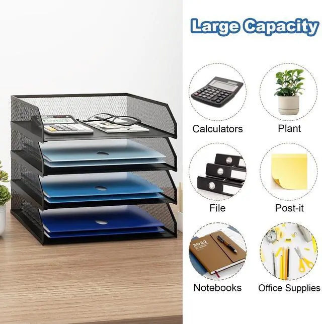 Alt view image 5 of 7 - 4-Tier Stackable Paper Tray, Metal Mesh Desktop Organizer, A4 Paper Sorter, Letter Trays,File Folder Sorter Organizer with Sliding Tray for Home, Office, School (Black)
