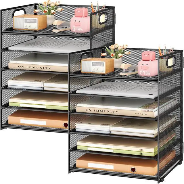 Main image of 2-Pack 6-Tier Paper Tray Organizer for Desk - Black Mesh File Folder Sorter with Handles, Desk Letter Holder for Office, Home, School Supplies Storage & Organization