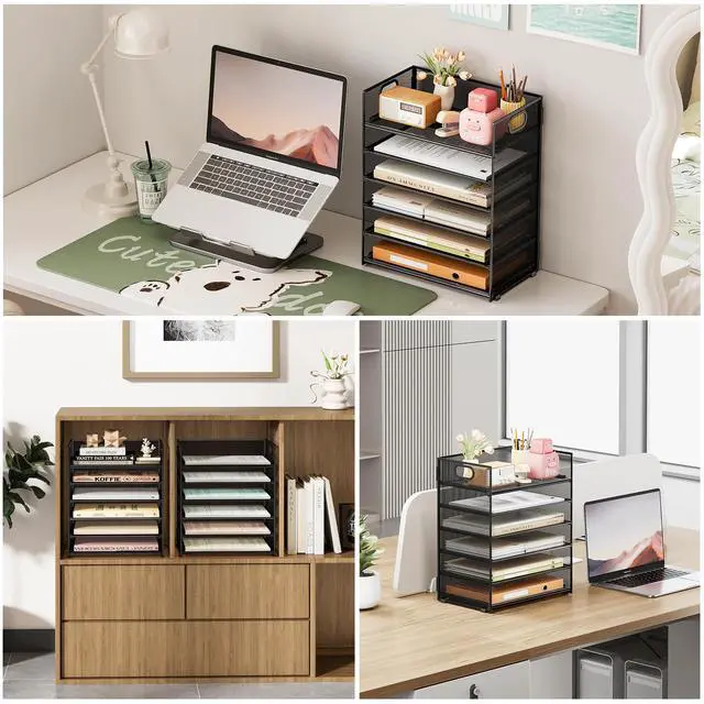 Alt view image 3 of 7 - 2-Pack 6-Tier Paper Tray Organizer for Desk - Black Mesh File Folder Sorter with Handles, Desk Letter Holder for Office, Home, School Supplies Storage & Organization