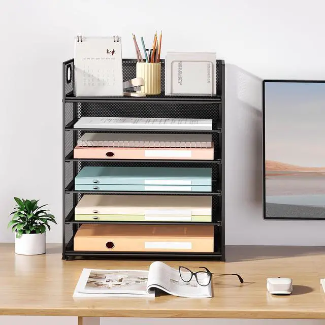 Alt view image 7 of 7 - 2-Pack 6-Tier Paper Tray Organizer for Desk - Black Mesh File Folder Sorter with Handles, Desk Letter Holder for Office, Home, School Supplies Storage & Organization