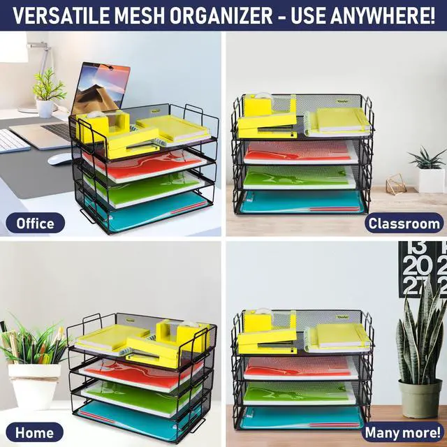 Alt view image 4 of 6 - Stackable Paper Tray Desk Organizer, 4-Tier Metal Mesh Letter Organizers for Business, Home, School, or Store Use, Organizes Files, Folders, Letters, Paper, Binders, Multi-Functional Desktop Storage