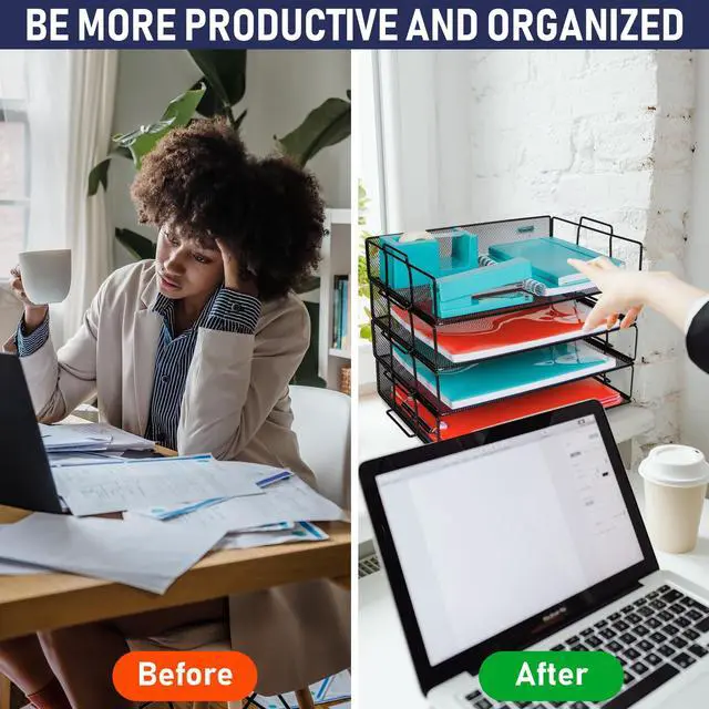 Alt view image 5 of 6 - Stackable Paper Tray Desk Organizer, 4-Tier Metal Mesh Letter Organizers for Business, Home, School, or Store Use, Organizes Files, Folders, Letters, Paper, Binders, Multi-Functional Desktop Storage