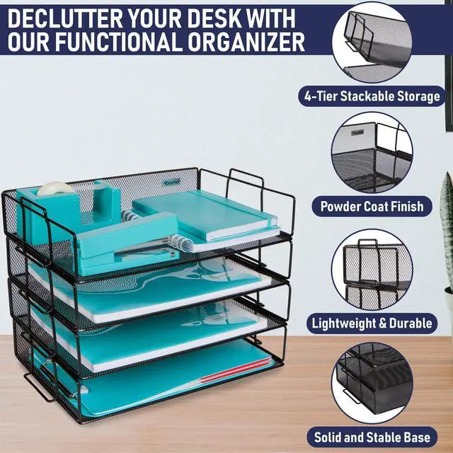 Alt view image 2 of 6 - Stackable Paper Tray Desk Organizer, 4-Tier Metal Mesh Letter Organizers for Business, Home, School, or Store Use, Organizes Files, Folders, Letters, Paper, Binders, Multi-Functional Desktop Storage