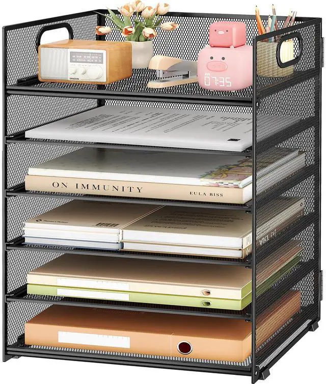 Main image of 6 Tier Paper File Tray Organizer for Desk, Black Mesh Desk Letter Paper File Folder Accessories Sorter Organizer with Handle, Stackable Slide Tray for Office, Home or School Supplies Storage