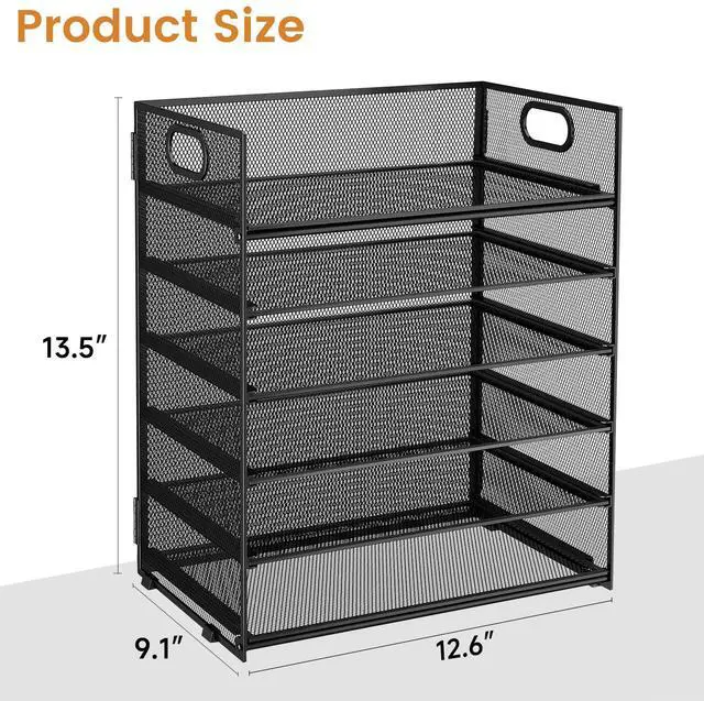 Alt view image 6 of 7 - 6 Tier Paper File Tray Organizer for Desk, Black Mesh Desk Letter Paper File Folder Accessories Sorter Organizer with Handle, Stackable Slide Tray for Office, Home or School Supplies Storage