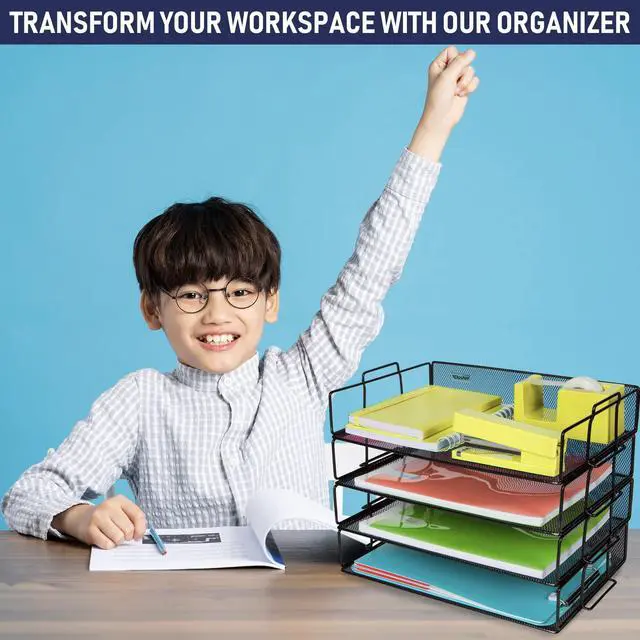 Alt view image 6 of 6 - Stackable Paper Tray Desk Organizer, 4-Tier Metal Mesh Letter Organizers for Business, Home, School, or Store Use, Organizes Files, Folders, Letters, Paper, Binders, Multi-Functional Desktop Storage