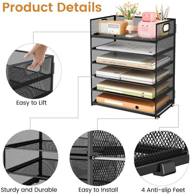 Alt view image 5 of 7 - 6 Tier Paper File Tray Organizer for Desk, Black Mesh Desk Letter Paper File Folder Accessories Sorter Organizer with Handle, Stackable Slide Tray for Office, Home or School Supplies Storage
