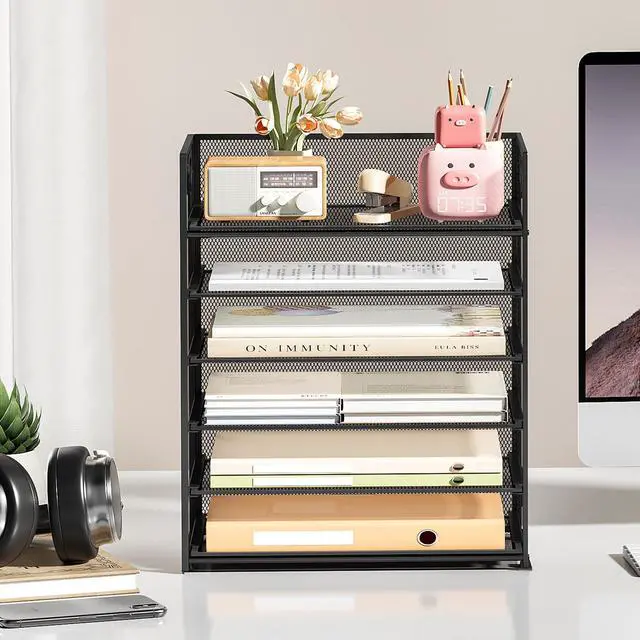 Alt view image 3 of 7 - 6 Tier Paper File Tray Organizer for Desk, Black Mesh Desk Letter Paper File Folder Accessories Sorter Organizer with Handle, Stackable Slide Tray for Office, Home or School Supplies Storage