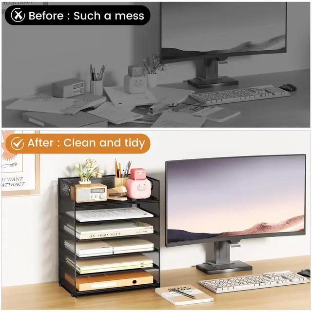 Alt view image 2 of 7 - 6 Tier Paper File Tray Organizer for Desk, Black Mesh Desk Letter Paper File Folder Accessories Sorter Organizer with Handle, Stackable Slide Tray for Office, Home or School Supplies Storage
