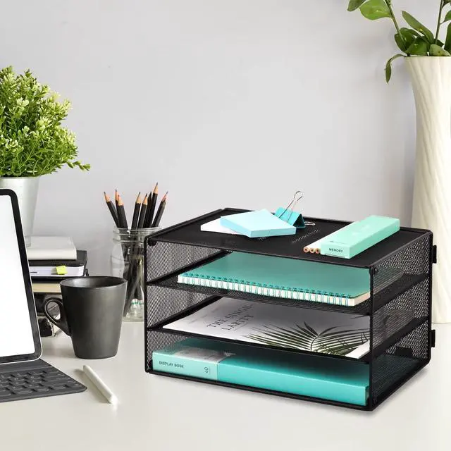 Alt view image 2 of 7 - 3 Tier Mesh Desk Organizer Tray, File Paper Letter Folder Holder Desktop Paper Sorter Mail Organization Rack Storage Accessories, for Office Home School Classroom, Black