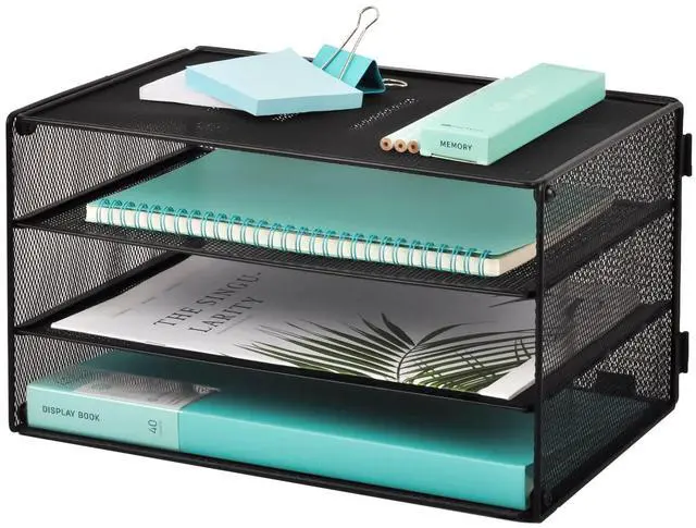 Main image of 3 Tier Mesh Desk Organizer Tray, File Paper Letter Folder Holder Desktop Paper Sorter Mail Organization Rack Storage Accessories, for Office Home School Classroom, Black