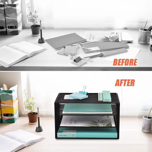 Alt view image 3 of 7 - 3 Tier Mesh Desk Organizer Tray, File Paper Letter Folder Holder Desktop Paper Sorter Mail Organization Rack Storage Accessories, for Office Home School Classroom, Black