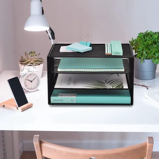 Alt view image 6 of 7 - 3 Tier Mesh Desk Organizer Tray, File Paper Letter Folder Holder Desktop Paper Sorter Mail Organization Rack Storage Accessories, for Office Home School Classroom, Black
