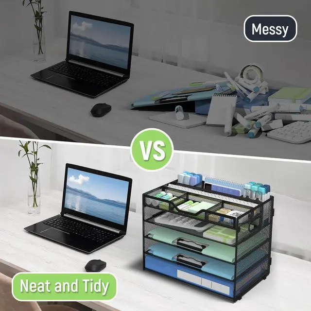 Alt view image 2 of 7 - 5 Tier Mesh Desk Organizer with Adjustable Compartments - Stackable Letter Tray with Built-in Pen Holder & Handles - Desktop File Storage for Office, Home, School Supplies - Black