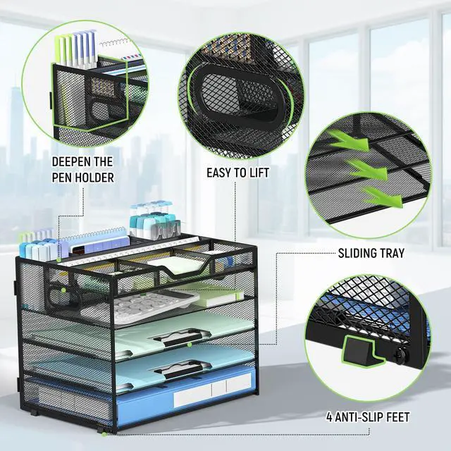 Alt view image 5 of 7 - 5 Tier Mesh Desk Organizer with Adjustable Compartments - Stackable Letter Tray with Built-in Pen Holder & Handles - Desktop File Storage for Office, Home, School Supplies - Black
